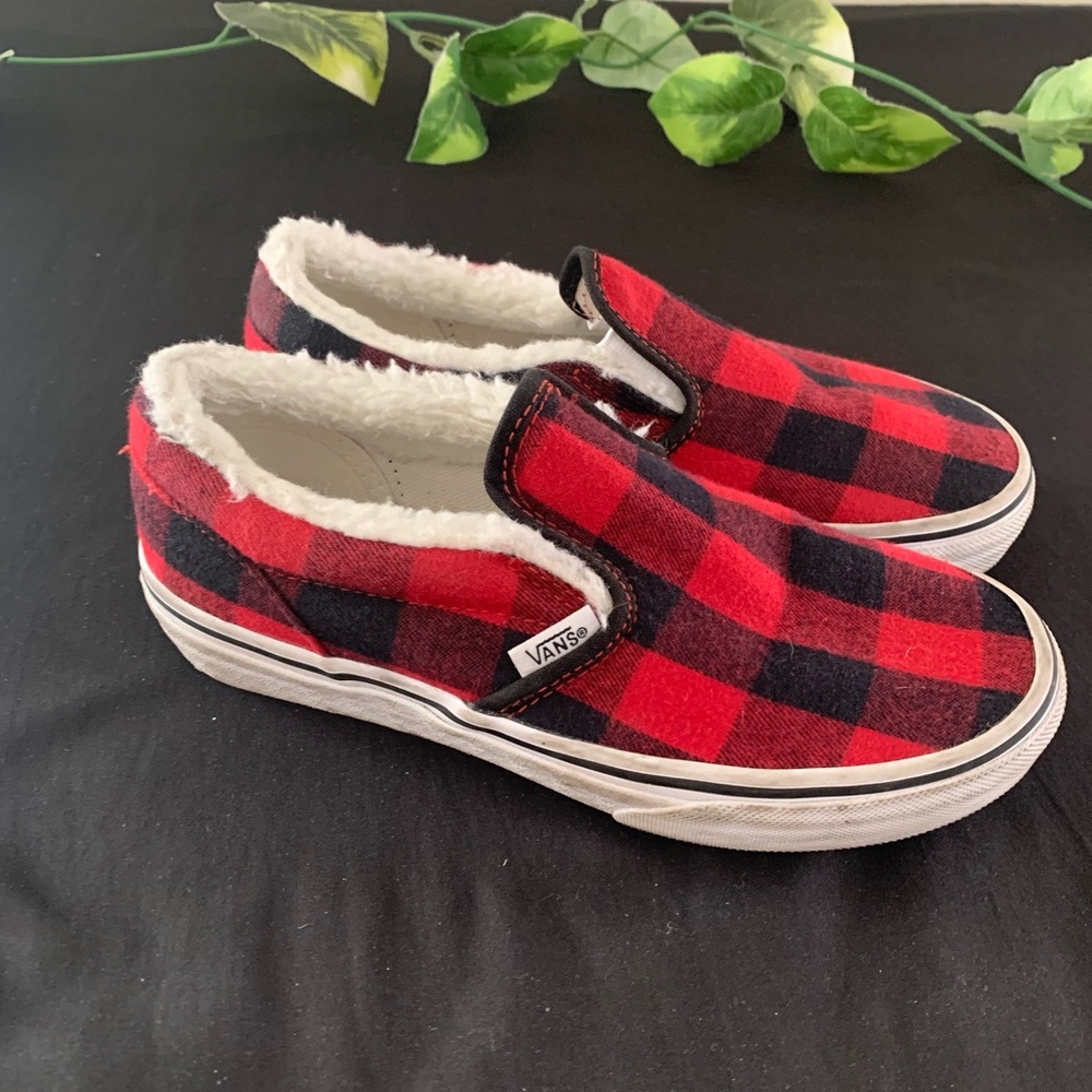 Red and black checkered vans